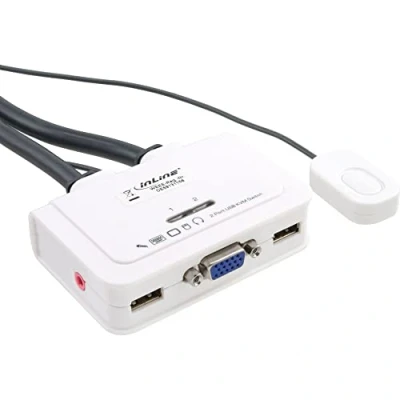 Afbeelding van InLine KVM Switch 2 voudig VGA USB met audio en geïntegreerde kabelsets 0,9m wit, schakelaars, Zwart, Wit