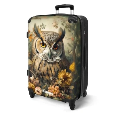 Afbeelding van NoBoringSuitcases.com® Koffer groot Rolkoffer lichtgewicht Portret van een uil tussen gele en oranje bloemen Reiskoffer met 4 wielen Grote trolley XL 20 kg bagage