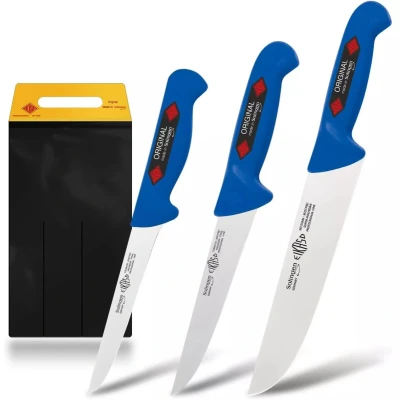 Afbeelding van EIKASO Slagersmessenset Blauw 3 Delig IJsgehard Molybdeenstaal Ergonomisch Incl. Messentas