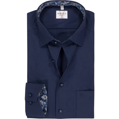Afbeelding van MARVELIS modern fit overhemd mouwlengte 7 popeline donkerblauw Strijkvrij Boordmaat: 38
