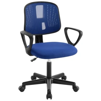 Afbeelding van Klihome bureaustoel voor kinderen, ergonomische bureaustoel, 360 draaibare stoel, in hoogte verstelbaar, met wieltjes, armleuningen, rugleuning van ademend net, blauw, K0005BS