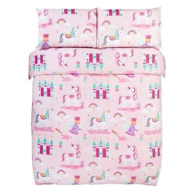 Afbeelding van Bloomsbury Mill beddengoed 200 x cm eenhoorn, prinses en regenboog voor kinderen tweepersoonsbed beddengoedset meisjes roze paars omkeerbaar 2 kussenslopen set