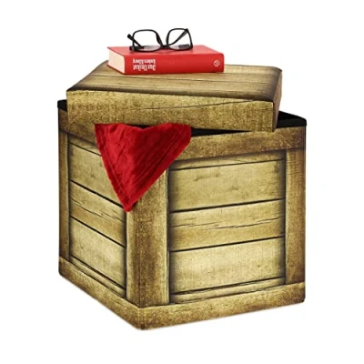 Afbeelding van Relaxdays poef met opbergruimte, opvouwbaar, gepolsterd, opbergpoef, houten latten design HBD: 38x37,5x37,5 cm, bruin
