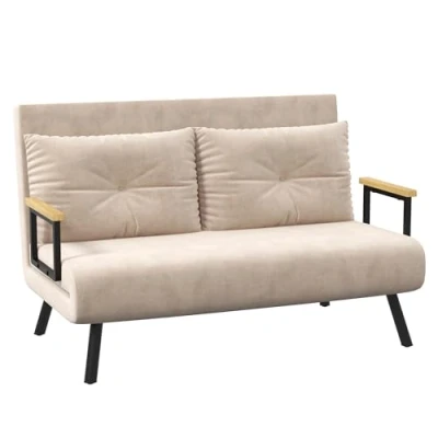 Afbeelding van HOMCOM Slaapbank, opklapbed met bedfunctie, relaxstoel rugkussen, gestoffeerde bank verstelbare rugleuning, fluwelen look, 102 x 73 81 cm, beige