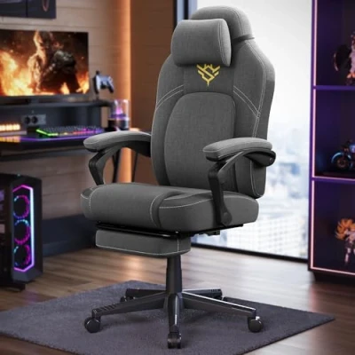 Afbeelding van SONGMICS HOME Gaming stoel, ergonomische computerstoel met voetensteun, bureaustoel, draaistoel hoofdkussen, katoen linnen mengweefsel, in hoogte verstelbaar, duifgrijs OBG072G01