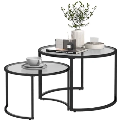 Afbeelding van HOMCOM Set van 2 ronde salontafels, 70/54 cm, gehard glas en voet koolstofstaal, modern design, zwart