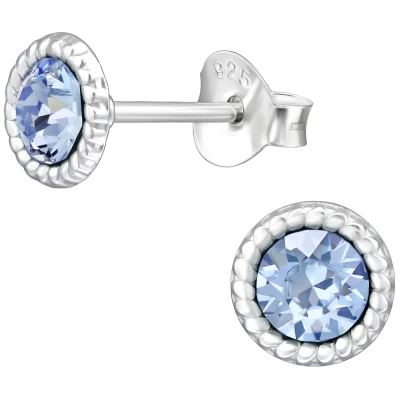 Afbeelding van JoyS Zilveren ronde oorbellen kristal blauw 6 mm oorknoppen sterling zilver 925 bolletjes randje
