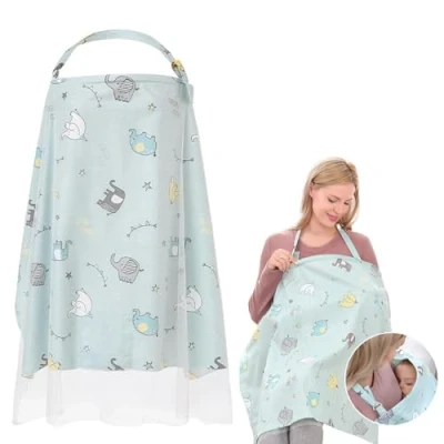 Afbeelding van borstvoedingshoes voor mama, met twee lagen stof, voedingsbedekking borstvoeding, kinderwagen (blauw olifantpatroon)