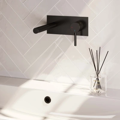Afbeelding van Brauer Black Edition Wastafelmengkraan inbouw rechte uitloop links hendel lang smal afdekplaat model A 1 mat zwart
