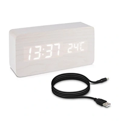 Afbeelding van kwmobile Digitale wekker in houtlook weergave van tijd en temperatuur met geluidsactivering Lichtbruin witte LED verlichting