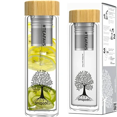 Afbeelding van amapodo theefles met zeefje to go drinkfles voor thee van glas in 400ml dubbelwandige theepot accessoires (Bamboe (Tea Tree ontwerp))