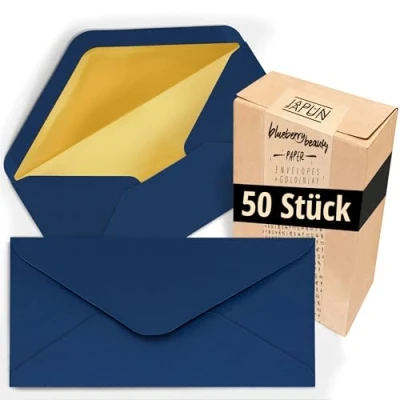 Afbeelding van Japun enveloppen (50 stuks), envelop zonder venster DIN lang 220 x 110 mm binnenkant: goud papierkleur: blauw