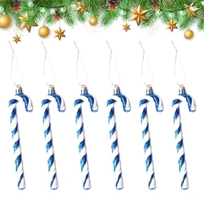 Afbeelding van YEJAHY 6 stuks kerstboomdecoratie, zuurstokken, kerstboomversiering, suikerstok, plastic kerstboom (blauw)