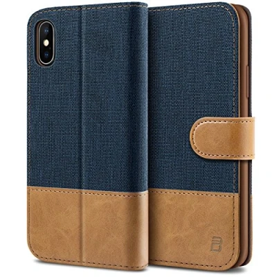 Afbeelding van BEZ iPhone X Hoesje, XS Hoesje Book Case Leer Wallet, Flip Wallet [Canvas Kunstleer] met Creditcardhouders, Standaard, Magnetische Sluiting, Blauw