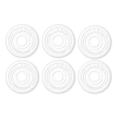 Afbeelding van Hin_366 Stickerset, 6 delige set, alarmbeveiligd, transparant, diameter 4 cm, let op object, alarmsysteem, voor ramen, deur, buitenklevend