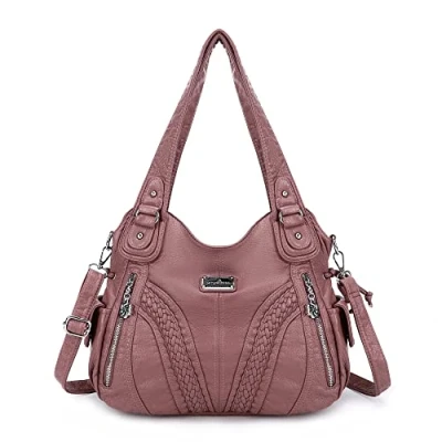Afbeelding van Angelkiss Vrouwen Top Handvat Satchel Handtassen Schoudertas Messenger Tote Gewassen Lederen Portemonnees Tas, PINK, 13.8 * 4.7 11.8 inches