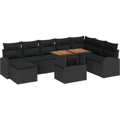Afbeelding van vidaXL 9 delige Tuin Eetset met Kussens Zwart Poly Riet Acacia