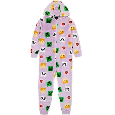 Afbeelding van Minecraft Girls onesie Kids Creeper Steve Purple Game All in One PJS 11 12 jaar