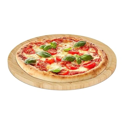 Afbeelding van Relaxdays pizzaplank, natuurlijk bamboe, Ø 32 cm, serveerplank voor pizza, kaas, rond pizzabord, snijplank, natuur