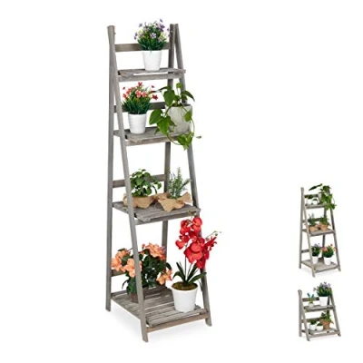 Afbeelding van Relaxdays plantenrek, 4 etages, plantenladder hout, klapbaar, bloemenrek, HBD: 160 x 41 50 cm, grijs