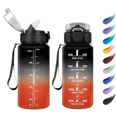 Afbeelding van drinkfles voor kinderen, 500 ml, lekvrij, met rietje, 1 klik om te openen, motiverende tijdschaal, herbruikbaar, camping, reizen, school, werk