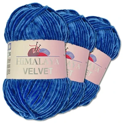 Afbeelding van Wohnkult Himalaya 3 x 100 g Velvet Dolphin breiwol, 40 kleuren om uit te kiezen, chenille breigaren, pluizige wol, glans, accessoire, kleding, dekens (90029, blauw)