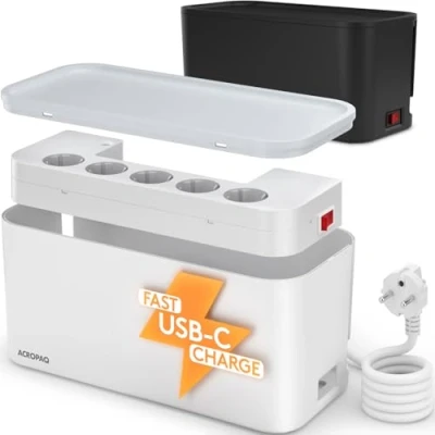 Afbeelding van ACROPAQ Kabelbox inclusief stekkerdoos en USB C lader 5 voudig + 1 x 2 A, Met schakelaar Opbergbox, Snellader Iphone Samsung, Kabel organiser