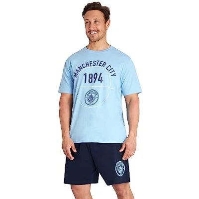 Afbeelding van Manchester City F.C. heren pyjama set nachtkleding T shirt en pyjamabroek tieners 100% katoen zacht ademend loungekleding voetbal maten S 3XL cadeaus (blauw, 2XL)