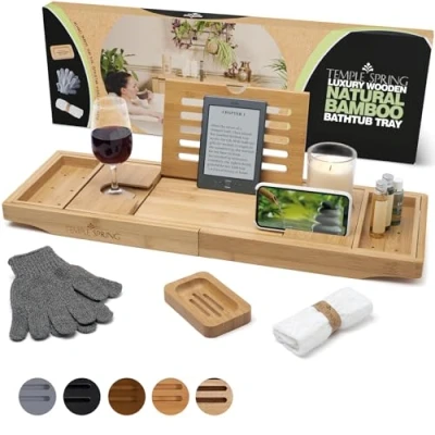 Afbeelding van Temple Spring Badbak Uitschuifbare badlade voor badkuip met kaars, wijnglas, boek, iPad en telefoonhouders verstelbaar badtafelblad over bad w/badkameraccessoires natuurlijk hout
