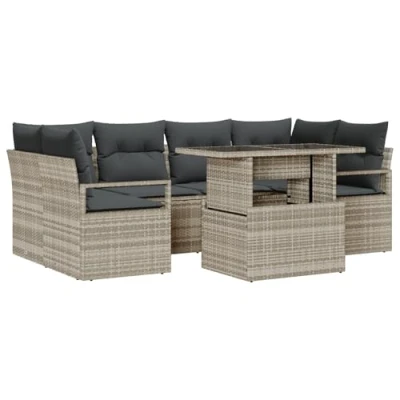 Afbeelding van vidaXL 7 delige Tuin Sofa Set met Kussens Lichtgrijs Poly Rattan, 2 Persoons Grijs Rattan