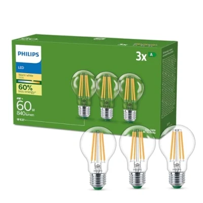 Afbeelding van Philips transparante Ultra Efficient filament LED lamp (3 pack), 60W, E27, warmwit licht 2700K, Energielabel A