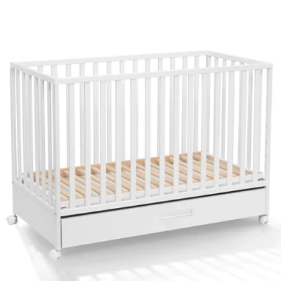 Afbeelding van ATB MEBLE Babybed met lade en matras LUX bijzetbed baby ledikant wielen drie niveaus van matrashoogte bed meegroeiend 120 x 60 cm wit