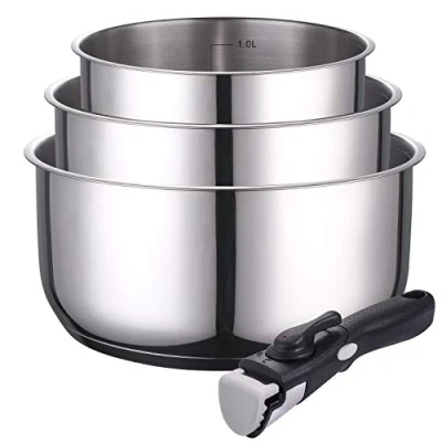 Afbeelding van Set van 3 steelpannen 16/18/20 cm RVS afneembare handgreep voor alle soorten fornuizen, ook inductie