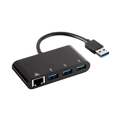 Afbeelding van Amazon Basics USB 3.0 adapter met 3 x poorten en 1 RJ45 Gigabit Ethernet poort, A + RJ45, zwart
