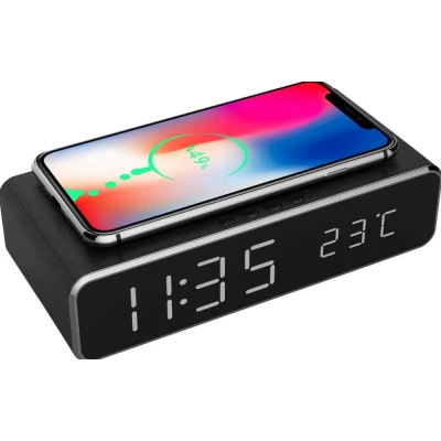 Afbeelding van Digitale wekker Gembird (Draadloze Qi oplader, LCD display, Zwart)