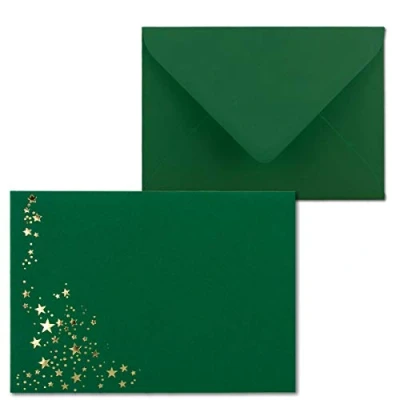 Afbeelding van Gustav Neuser Enveloppen, 50 x kerstenveloppen, formaat C6, sterrenregen met goud metallic reliëf, kleur: donkergroen, natte lijm, 120 g/m², 114 162 mm