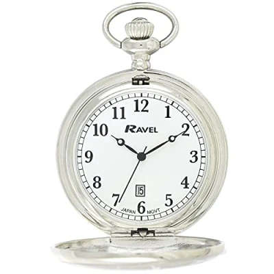 Afbeelding van Ravel Full hunter calendar zakhorloge met ketting Zilverkleurig