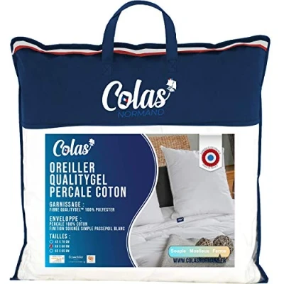 Afbeelding van Colas Normand Hoofdkussen QualityGel Percal 100% katoen vast 60 x cm neksteun geheugengevoel hotelkwaliteit zacht geproduceerd in Frankrijk wit