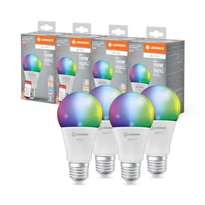 Afbeelding van LEDVANCE SMART+ MATTER LED lamp, witte matte look, 14W, 1521lm, klassieke lampvorm met E27 fitting, gekleurd licht en wit licht, app of stembediening, levensduur tot 20.000 uur, 4 pack
