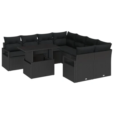 Afbeelding van vidaXL 9 delige Tuin Sofa Set met Kussens Zwart Poly Rattan, 2 zitter Rattan