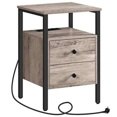 Afbeelding van HOOBRO Nachtkastje, salontafel met stopcontacten en USB poorten, bijzettafel laden legplank voor kleine ruimtes, woonkamer, slaapkamer, eenvoudig te monteren EBG43CBZ01G2