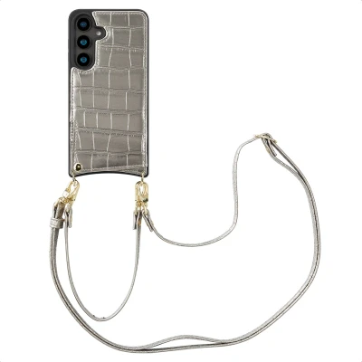 Afbeelding van Selencia Hoesje Geschikt voor Samsung Galaxy S24 met Pasjeshouder Nova Croco Backcover koord en pashouder Zilver