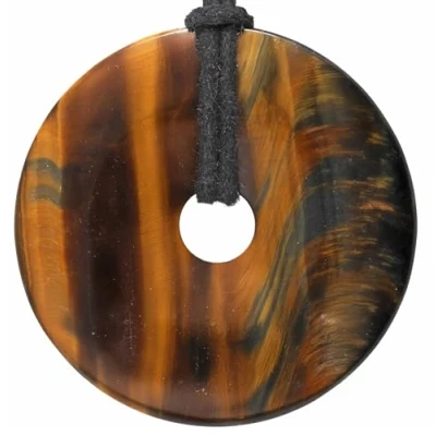 Afbeelding van Lebensquelle Plus Falkenoog donut Ø 40 mm edelsteen hanger + katoenen band echte helende stenen ketting incl. lint, halfedelsteen, valkenoog