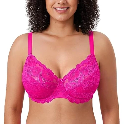 Afbeelding van DELIMIRA Damesbeha met volledige cups, ongevoerde kanten tule cup, beugel, glitterroze, 85F