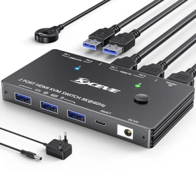 Afbeelding van HDMI KVM schakelaar 2 poorten 8K bij 60Hz 4K 120Hz, PC 1 monitor USB 3.0 HDMI2.1,voor computers delen en 3 apparaten,met bekabelde afstandsbediening,USB kabel