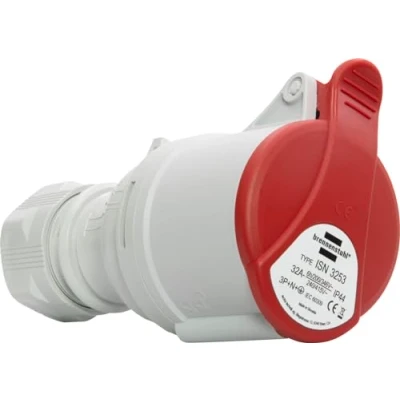 Afbeelding van Brennenstuhl CEE stopcontact 5 polig voor buiten, industriële stekker 400V/32A met deksel, schroefbare aansluiting, gebruik op bouwplaatsen, camping, commerciële toepassingen, IP44, 32A