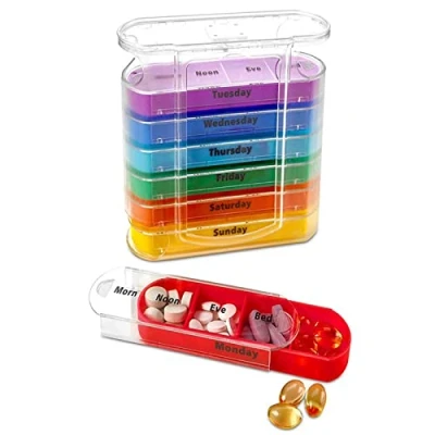 Afbeelding van Wekelijkse stapelbare pillenorganizer, 4 keer per dag pillenorganisatordoos ochtend, middag, avond en bedtijd, 7 compartimenten