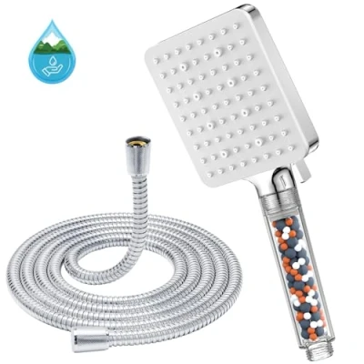 Afbeelding van Douchekop en slang 1,6 m met filter YEAUPE PRO vierkante hogedruk badkamerdouchekoppen (115 x 100 mm) 6 straalmodi, grote krachtige stroomregendouchekop voor lage druk hard water douchekop, wit