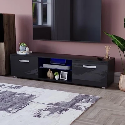 Afbeelding van Vida Designs Cosmo LED TV Unit 2 Deur Modern Gloss Matte MDF Woonkamer Kast Media Stand Furntiure RGB Licht Zwart 160 cm