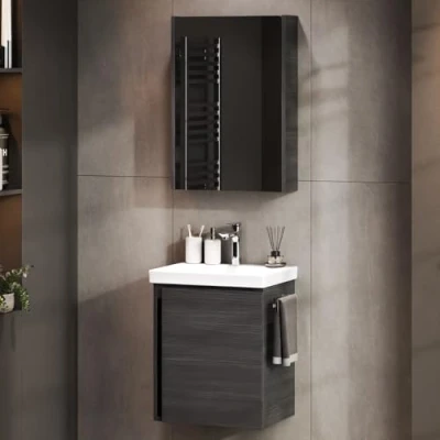 Afbeelding van Planetmöbel Wastafelonderkast met keramische wastafel en spiegelkast 50 cm in antraciet, moderne badkamermeubelset voor badkamer toilet